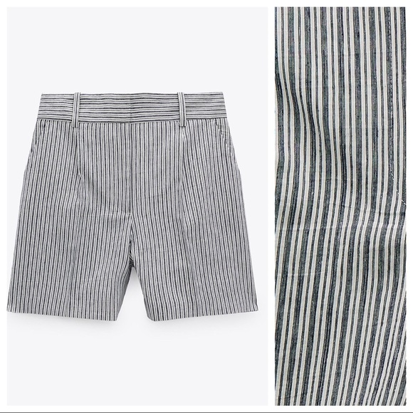 NWT. Zara Rustic Striped Pleated High Waist Shorts. Size S. - Picture 7 of 11